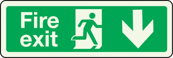Fire Exit Sign Arrow Down Photoluminescent Sign